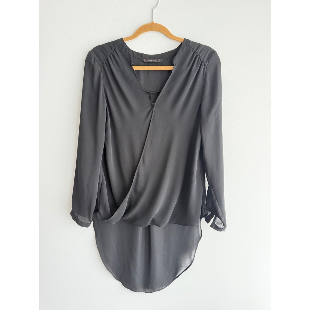 Zara Basic Black Wrap Front High Low Blouse Top Sheer Whimsigoth Indie Sleaze S